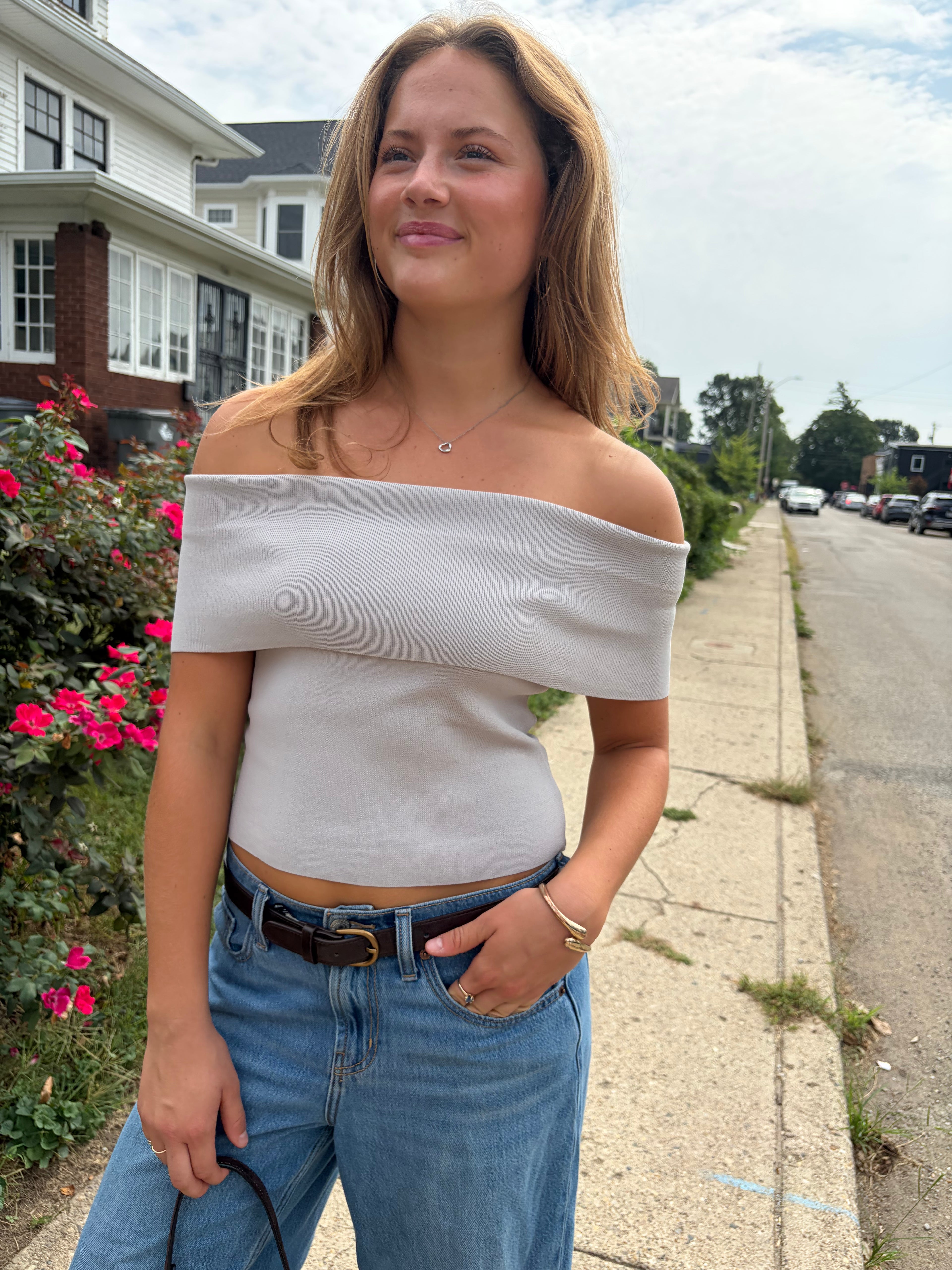 Off Shoulder Ribbed Knitted Top