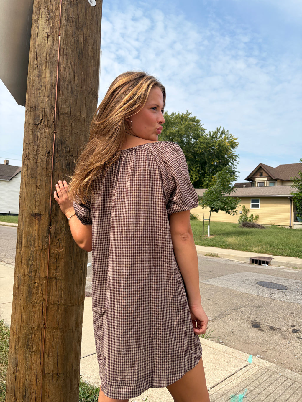 Gingham Puff Sleeve Drawstring Neck Dress